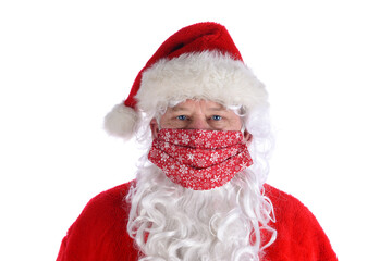 Portrait of Santa Claus wearing a homemade COVID-19 mask Mrs. Claus made for him.