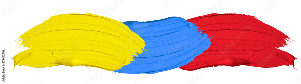 Poster primary color / acrylic paint background banner panorama - abstract stroke / splash stains blobs bru