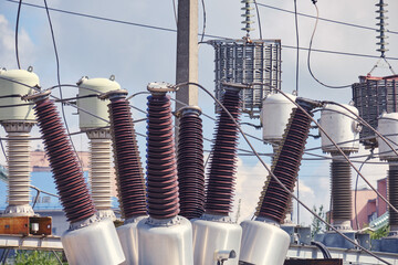 Power transformers in an electrical substation, close-up