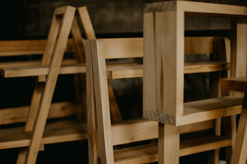 Close up of homemade wooden shelves.

