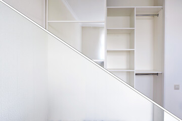 Obraz premium Modern wardrobe in the bedroom - before and after installation. New built-in furniture with mirror and shelves