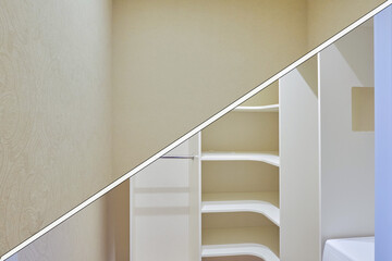 Before and after installation of furniture in dressing room. Diagonal separation of the old and new storage room