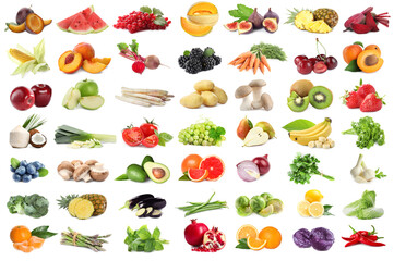Assortment of organic fresh fruits and vegetables on white background