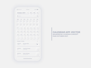 Vector Calendar App Page October 2021 Year with To Do List and Tasks Conceptual UI UX Neumorphic Design Mockup on White Background. Light Neumorphism Elements Planner Application For Mobile Phone