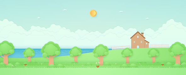 Spring Time, panorama landscape, sea, house on the hill and fence, garden with trees, plant pots, flowers on grass, bird on the branch, paper art style