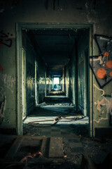 Fototapeta na wymiar Creepy corridor inside an old, abandoned shipyard.