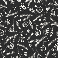 Naklejka premium Hand drawn chalk Christmas and new year seamless pattern with Christmas ornaments, fir tree branches