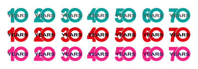 Set of anniversary logo numbers. Anniversary logos 10,20,30,40,50,60,70 years. Vector illustration.