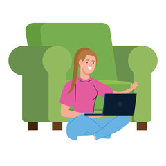 woman cartoon with laptop working and chair design of Work from home theme Vector illustration