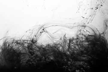 Closeup of a black ink in water in motion isolated on white. Ink swirling underwater. Colored abstract smoke explosion effect. Abstract background with copy space..