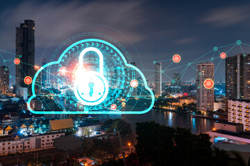 Glowing Padlock hologram, night panoramic city view of Bangkok, Asia. The concept of cyber security to protect companies. Double exposure.