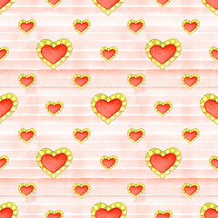 Red romantic seamless pattern with heart. Hand painted watercolor stock illustration. Perfect for birthday, valentine, wedding invitations cards.