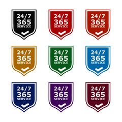 24 on 7 timing badge symbol. Time 365 days sign, color set