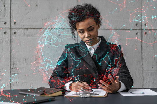 Businesswoman taking notes and world map hologram. Double exposure. Technology security network solution planet earth international business concept.