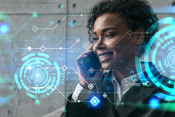 Businesswoman talking phone and binary technology hologram. Double exposure. Security network concept.