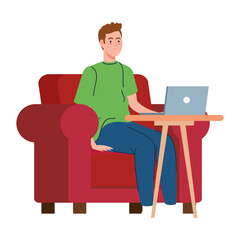 Man cartoon with laptop on chair working design of Work from home theme Vector illustration