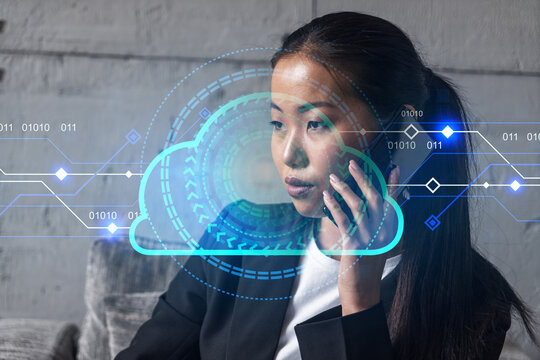Businesswoman speaks phone and cloud storage technology hologram. Double exposure. Internet server concept.