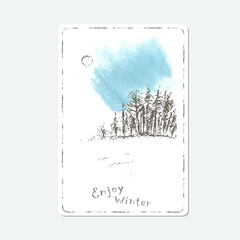 Hand drawn winter landscape with forrest, snow field, sky and sun.