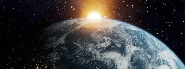 3d Rendering Panoramic Earth with sun gazing over the top Elements of this image furnished by NASA. Space art.