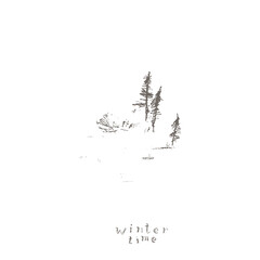 Hand drawn winter landscape with fir trees on the snow field and winter time lettering