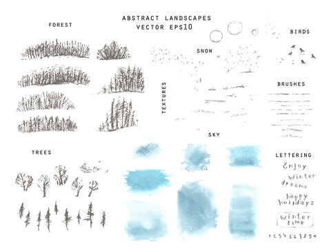 Hand drawn winter landscape creation set with forrest, single trees, field and snow  textures, sky textures, sun, birds.