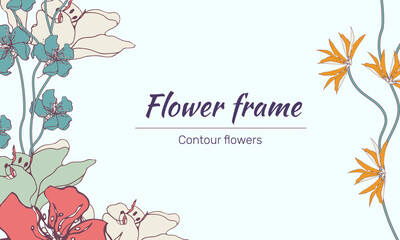 Spring banner with tropical flowers. Vector floral text frame for invitation, congratulations.
