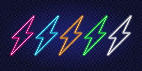 Neon flash. Neon sign of lightning on dark transparent background. Vector illustration