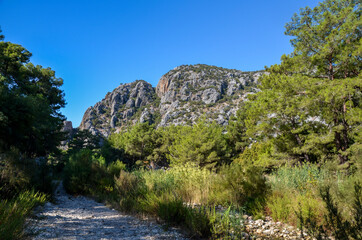 Fototapeta na wymiar Panoramic view to the rocky mountain range on the Lycian Way, famous tourist pathway in Turkey