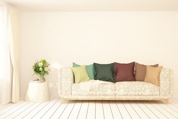 White modern room with sofa. Scandinavian interior design. 3D illustration