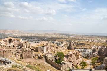 Fototapeta na wymiar The town of Uchisar from highest building of Cappadocia the Castle Rock, Turkey