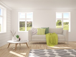 White room with sofa and green landscape in window. Scandinavian interior design. 3D illustration