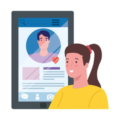 woman cartoon with man profil on smartphone design, Social media multimedia communication and digital marketing theme Vector illustration