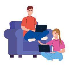 woman and man cartoons with laptop on chair working design of Work from home theme Vector illustration