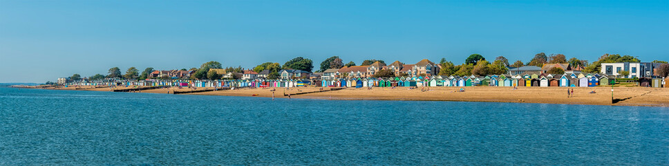 A panorama view across the beach at West Mersea, UK in the summertime