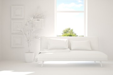 White room with sofa and green landscape in window. Scandinavian interior design. 3D illustration