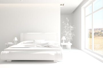 White modern bedroom. Scandinavian interior design. 3D illustration