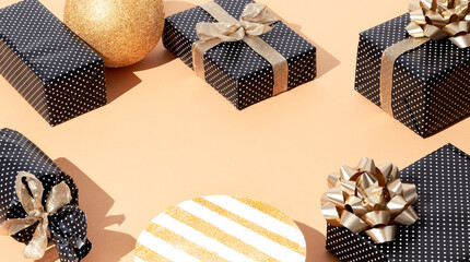 Gift box polka dot design in isometric on trendy beige background. Present Holiday Christmas...