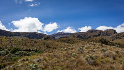 Landscape in Los Nevados National Natural Park in Colombia. Nevado de Santa Isabel and Nevado del Ruiz volcano