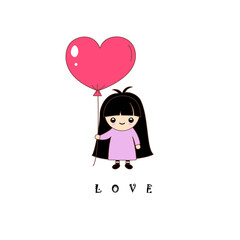 Cute kawaii girl with big red balloon like heart. Great illustration for your design.