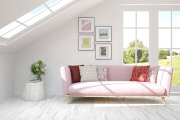 Idea of white room with sofa and summer landscape in window. Scandinavian interior design. 3D illustration