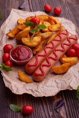Delicious sausages with fried potatoes and ketchup on a wooden table