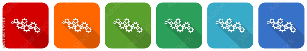 Poster cogwheel engineering icon set, flat design vector illustration in 6 colors options for webdesign and