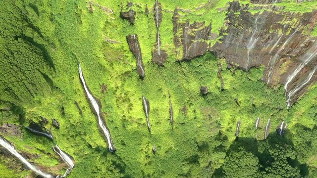 Waterfalls and lakes at Flores Island in Azores, Portugal