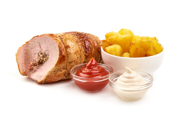 Homemade Rolled Porchetta Roast, isolated on white background