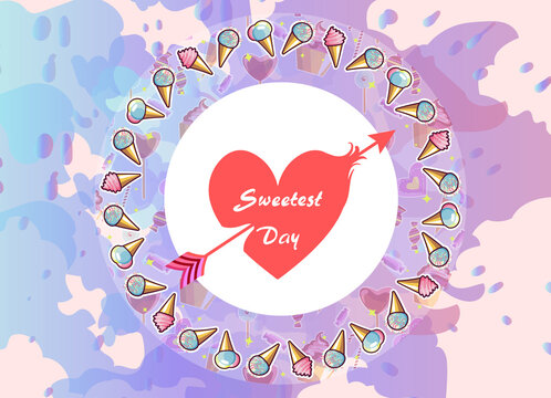 stylized poster design for the sweetest day in the United States . An image of different ice cream and lettering in a circle on of blue watercolors  . Perfect for postcards, flyers, invitations. EPS10
