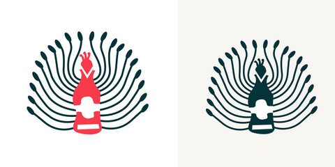 Peacock and bottle logo design for beer vector illustration. Circle shape peafowl beer Logotype concept icon. drink bottle logo design  
