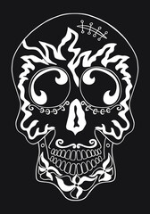 Mexican holiday Day of the Dead Celebration Festival and Halloween. Sugar skull  for poster, card, print, emblem, sign, tattoo, t-shirt. background. .  Black and white vector illustration 

