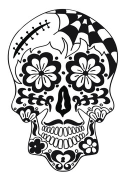 Mexican holiday Day of the Dead Celebration Festival and Halloween. Sugar skull  for poster, card, print, emblem, sign, tattoo, t-shirt. background. .  Black and white vector illustration 


