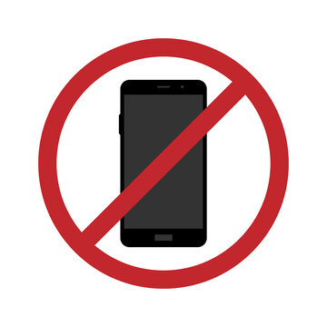Vector of sign or symbol showing no cell phones allowed concept with black smartphone and red no or restricted circle with line across and isolated against white background.