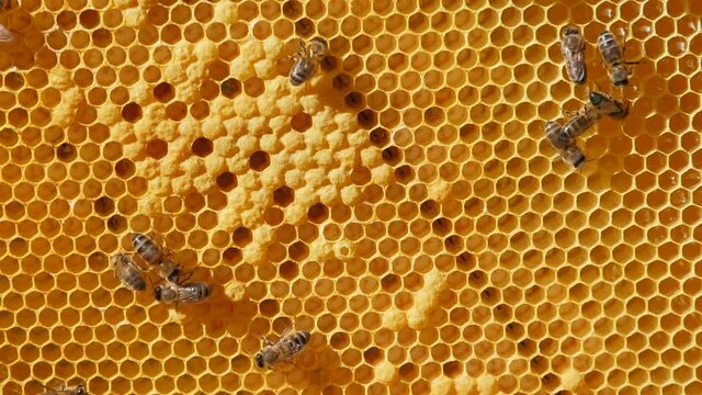 Bee colony. Worker bees make up the majority of the hive. Honeycomb close-up. Bees at work. Clogged honeycombs in the frame. Close communication of bees, bee conversation. Bee crop, bee larva. Swarm o